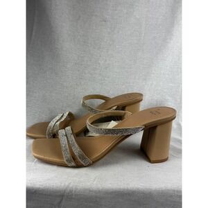 A New Day Womens Rhinestone Block Heel Sandals Tan Square Toe Mules Size 11 NEW